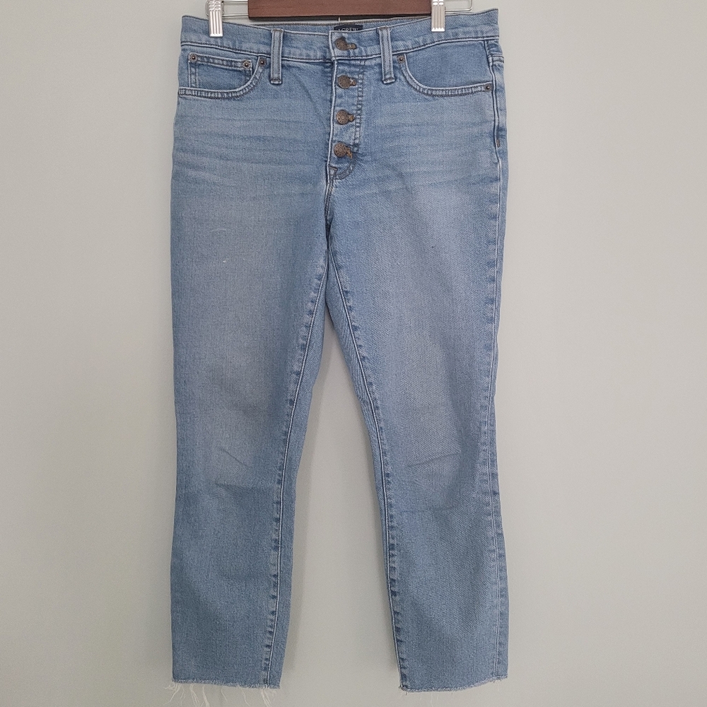J. Crew 9” Mid Rise Skinny Jeans Button Front Raw Hem Women's Size 27